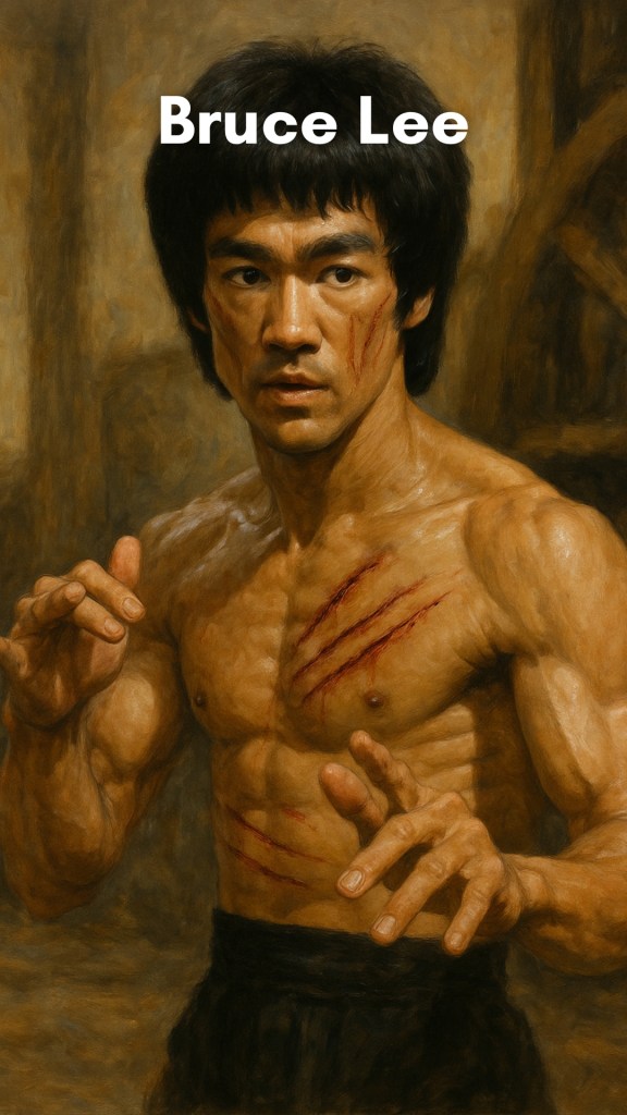Bruce Lee mid-motion, captured in a powerful martial arts pose against a minimalist backdrop symbolizing strength and focus.