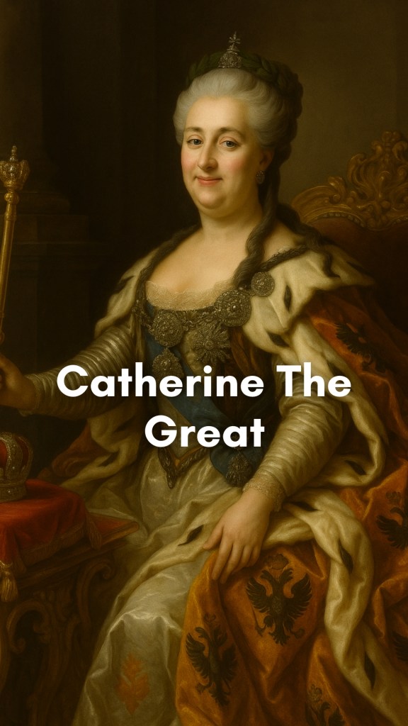 Catherine the Great, adorned in imperial Russian regalia, seated confidently on a throne with symbols of Enlightenment—books, quills, and classical sculptures—surrounding her.