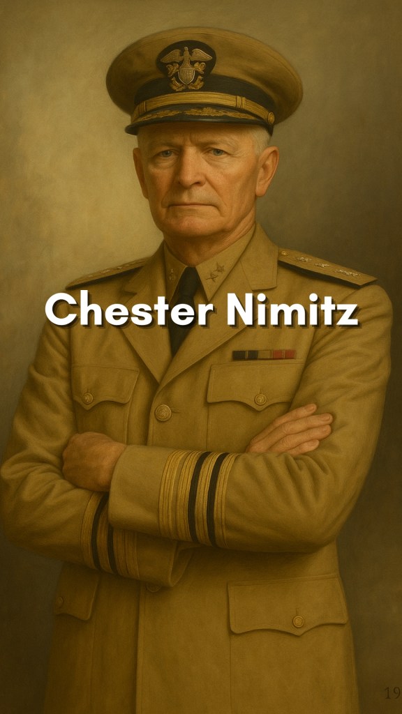 Admiral Chester Nimitz in full naval uniform, standing aboard a battleship, with the Pacific horizon behind him.