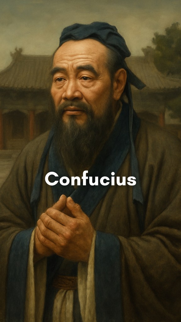 Confucius, the ancient Chinese philosopher, depicted in traditional robes, seated calmly with disciples gathered around him in a natural setting.
