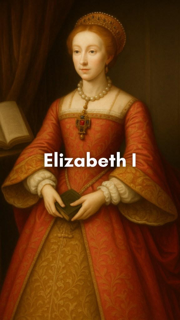 Queen Elizabeth I seated on a regal throne, adorned in an ornate gown with a ruffled collar, surrounded by emblems of Tudor power and maritime exploration.