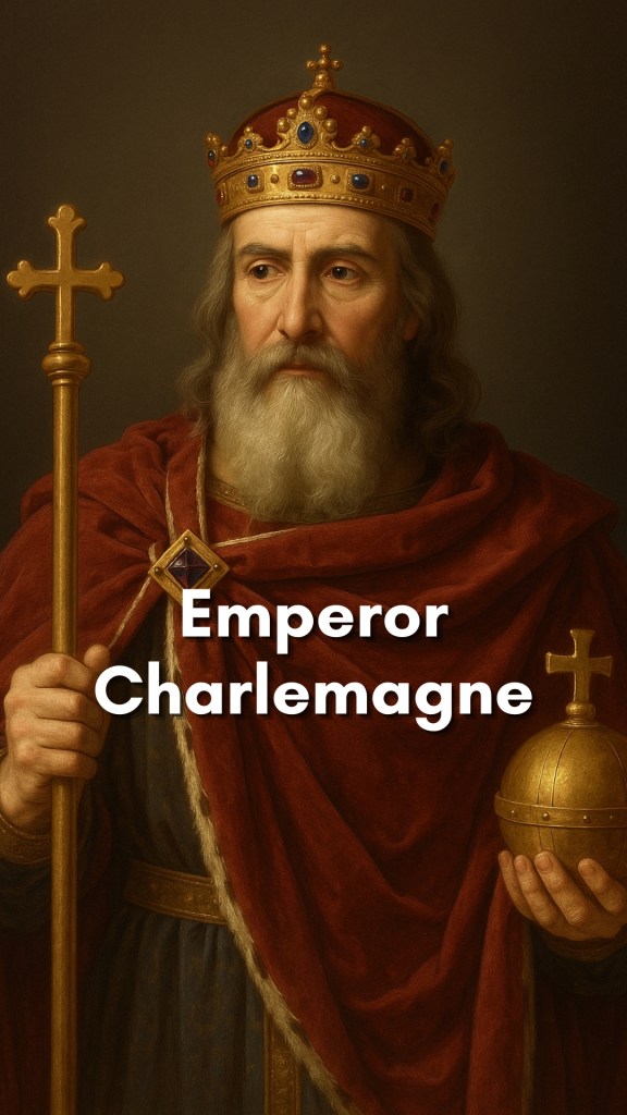 Emperor Charlemagne, robed and crowned, stands beneath a Romanesque arch with a sword in one hand and a Bible in the other, symbolizing his rule over both empire and faith.