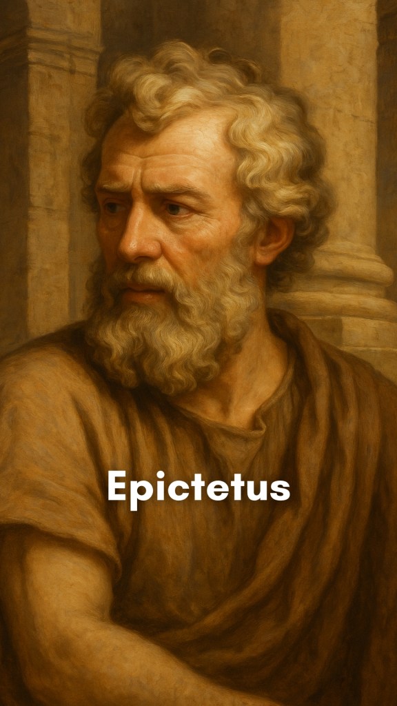 Epictetus, the Stoic philosopher, depicted as a humble yet dignified figure with a walking staff and scroll, standing near a quiet Greek portico.