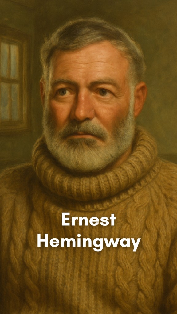 Ernest Hemingway sitting outdoors at a rustic table with a typewriter, bathed in warm light and surrounded by the quiet intensity of nature.