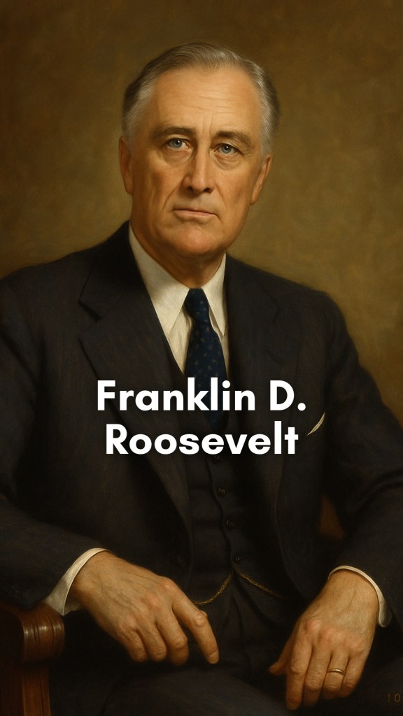 Franklin D. Roosevelt seated confidently at his desk, with an American flag behind him and a look of steady resolve during a time of crisis.