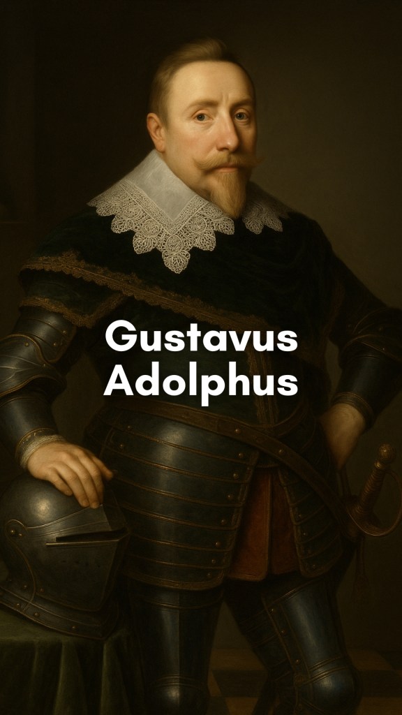 Gustavus Adolphus in military armor, standing confidently atop a battlefield with banners flying and a smoky sky in the background, symbolizing his leadership during the Thirty Years’ War.