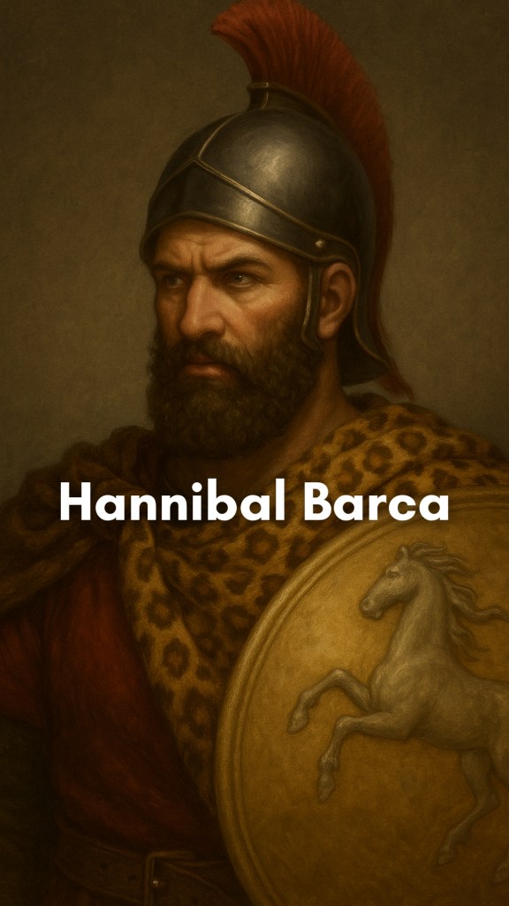 Hannibal Barca, the Carthaginian general, overlooking the Alps with war elephants and troops marching in the background.