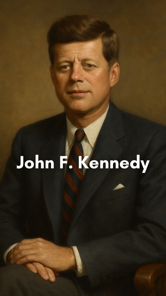 John F. Kennedy standing at a podium, mid-speech, with an American flag waving in the background.