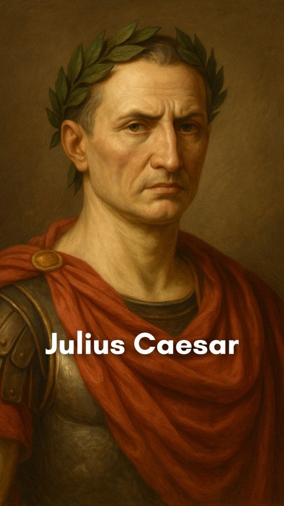 Julius Caesar, draped in a red Roman toga, stands before the Roman Senate, his expression poised between ambition and fate.