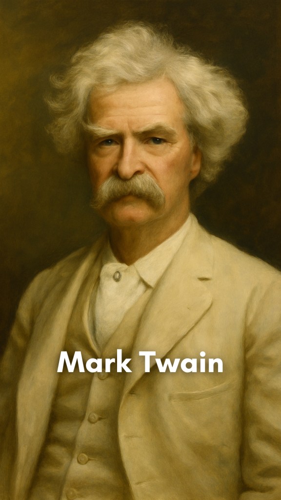 Mark Twain, the iconic American writer, seated with a thoughtful gaze, set against a backdrop of a river and steamboat — symbols of his Mississippi roots and storytelling legacy.