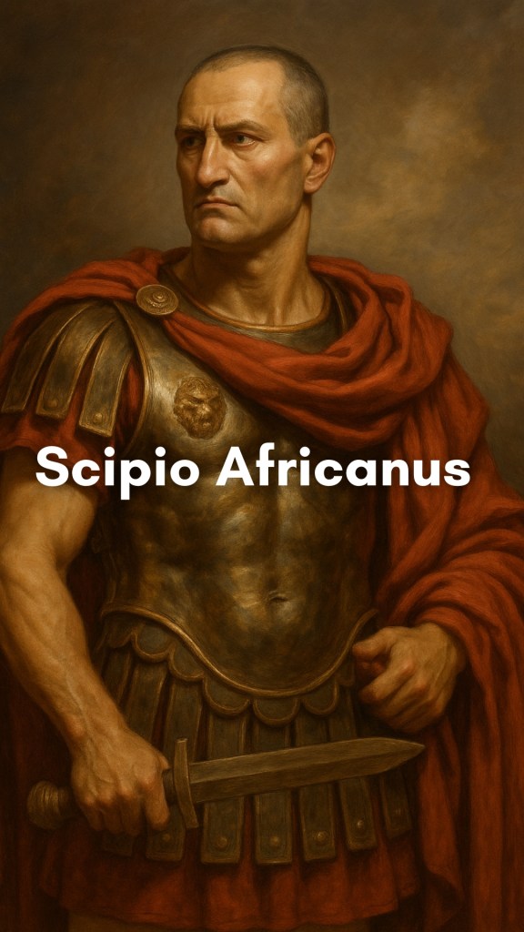 Scipio Africanus, the Roman general, in military armor with a Roman standard behind him, gazing across a battlefield under a golden Mediterranean sky.