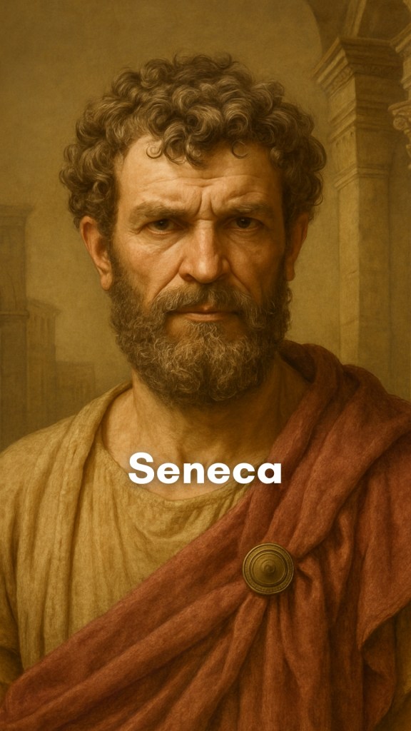 Seneca, the Roman Stoic philosopher, writing by candlelight in a marble villa, his face thoughtful and composed amid the turmoil of ancient Rome.