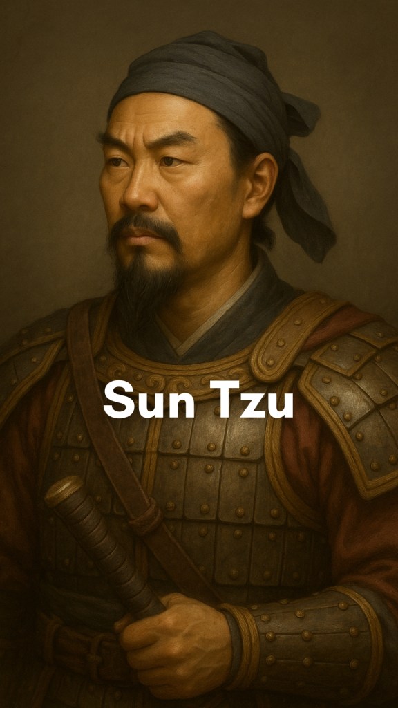 Sun Tzu, the ancient Chinese military strategist, standing with a scroll in hand amidst a misty battlefield landscape evoking discipline and foresight.