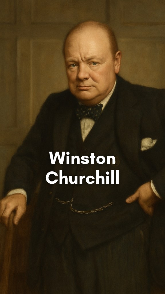 Winston Churchill, dressed in a dark overcoat and bowler hat, stands with resolute expression beneath a stormy sky, evoking the tension and determination of wartime Britain.