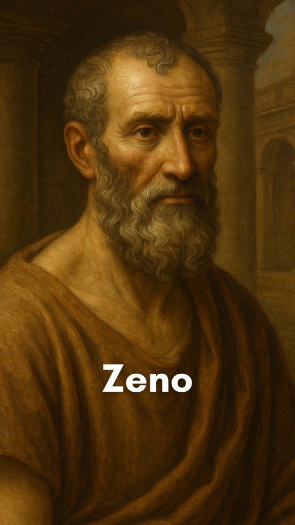 Zeno of Citium, the ancient Stoic philosopher, depicted calmly teaching in an open-air Athenian stoa with attentive listeners around him.