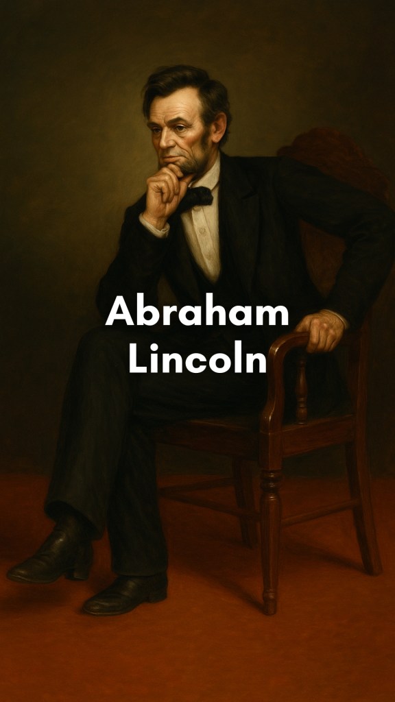 Abraham Lincoln seated thoughtfully, dressed in his iconic black suit and stovepipe hat, with a faint glow behind him and the U.S. Capitol in the distance.
