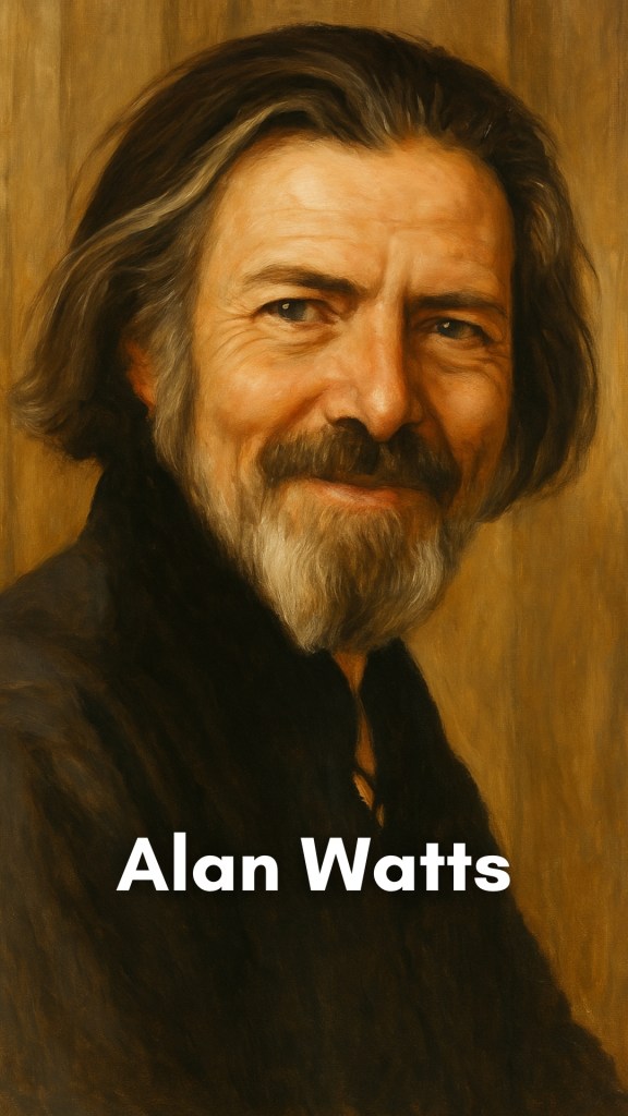 Alan Watts, the British philosopher, smiling contemplatively against a serene backdrop of ocean waves and fading sunlight.