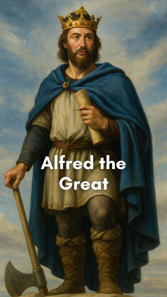 Alfred the Great, clad in armor and a fur-lined cloak, raises a sword atop a stone hill, with a fortified Anglo-Saxon village and misty countryside behind him.