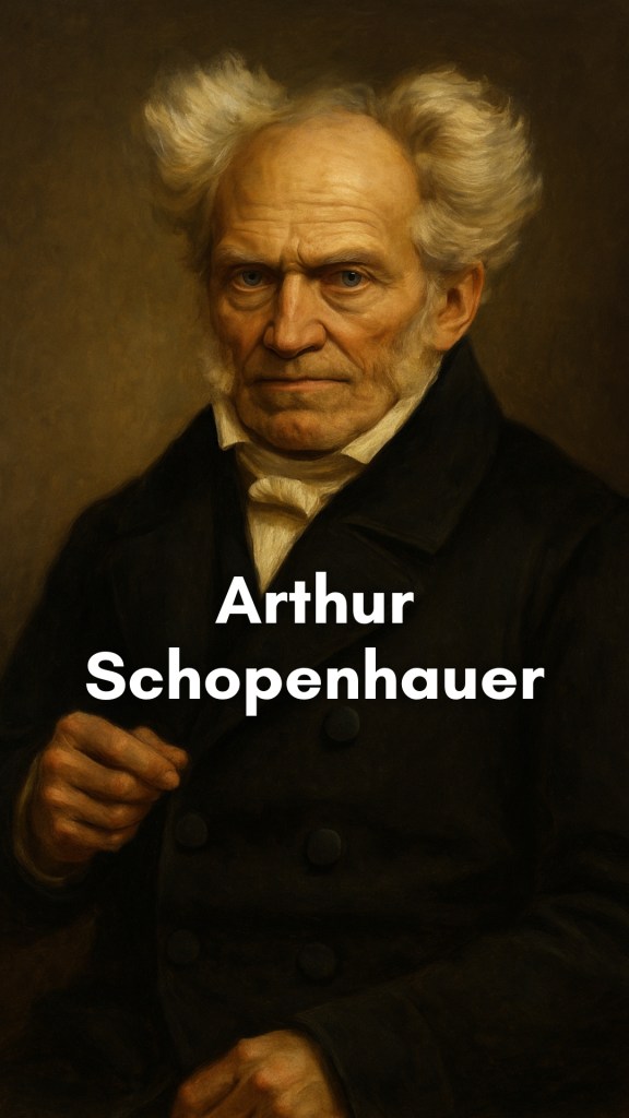 Arthur Schopenhauer, the brooding 19th-century philosopher, seated with a penetrating gaze beside a worn book and a flickering candle, symbolizing introspection and the struggle of human will.