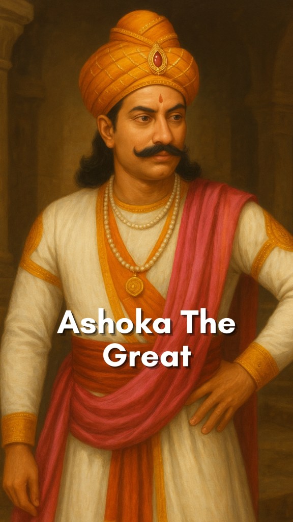 Emperor Ashoka standing beside a stone pillar engraved with his edicts, set against a backdrop of ancient Indian architecture and lush greenery.