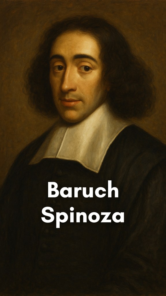 Baruch Spinoza, the Dutch philosopher, sitting quietly by a window with sunlight filtering in, surrounded by open books and etched geometric diagrams.