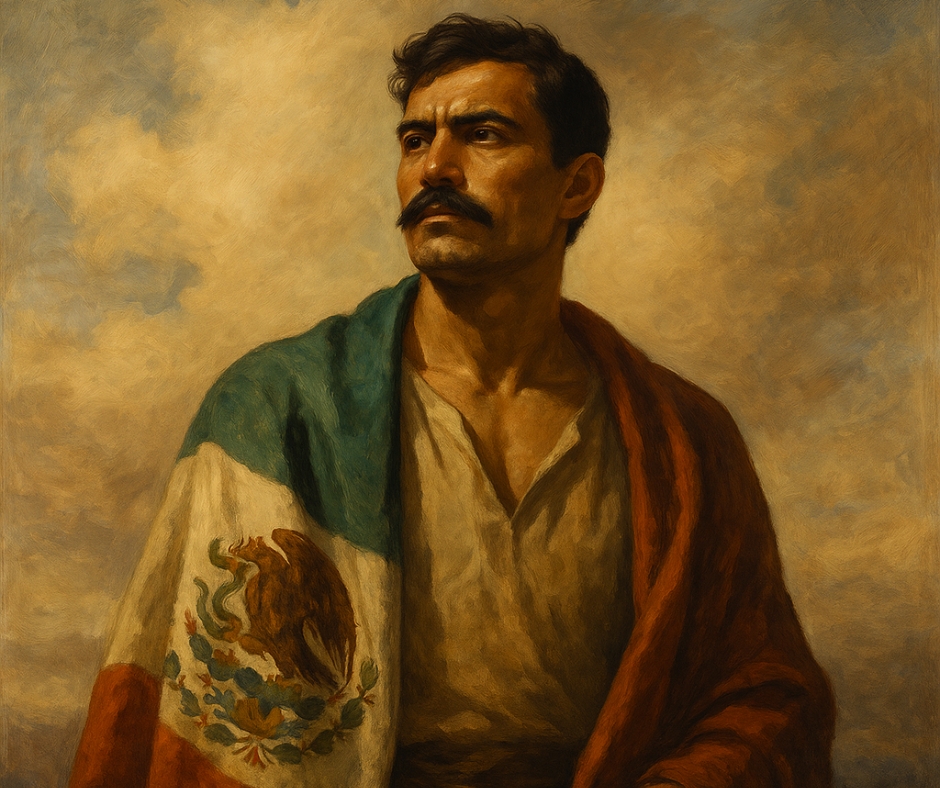 A strong Mexican man wrapped in the national flag, standing against a dramatic, warm sky with a stoic expression and sun-kissed skin.