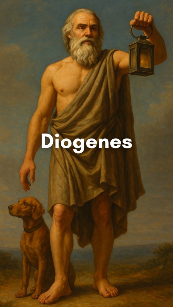 Diogenes, the ancient Greek philosopher, sitting in his barrel with a lantern in daylight, symbolizing his search for an honest man.