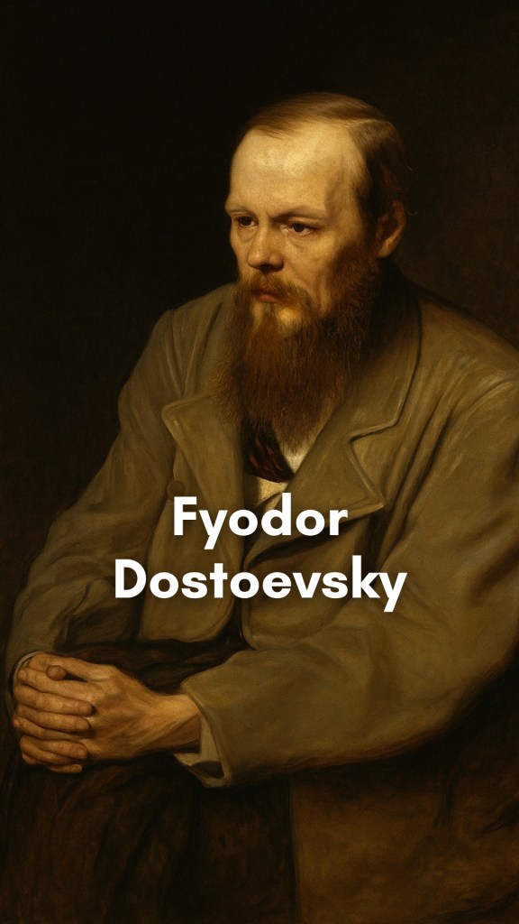 Fyodor Dostoevsky, the Russian novelist, seated in contemplation with a dark, brooding background symbolizing inner turmoil and moral complexity.