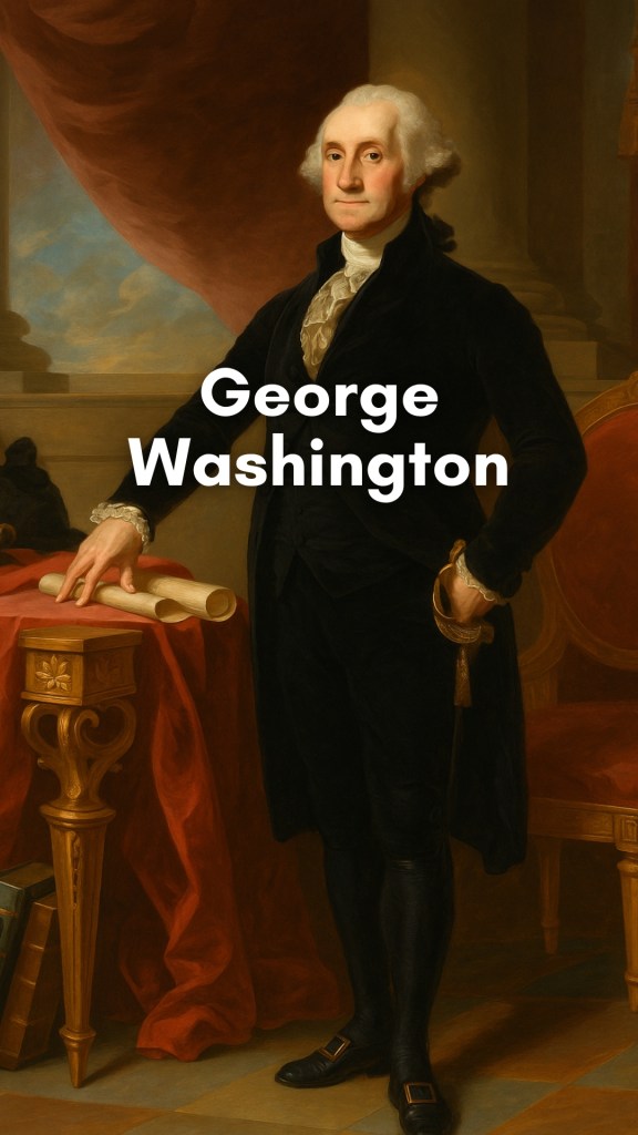 George Washington standing resolute in Continental Army uniform, beneath a stormy sky with an American flag waving behind him, symbolizing leadership and the birth of a nation.