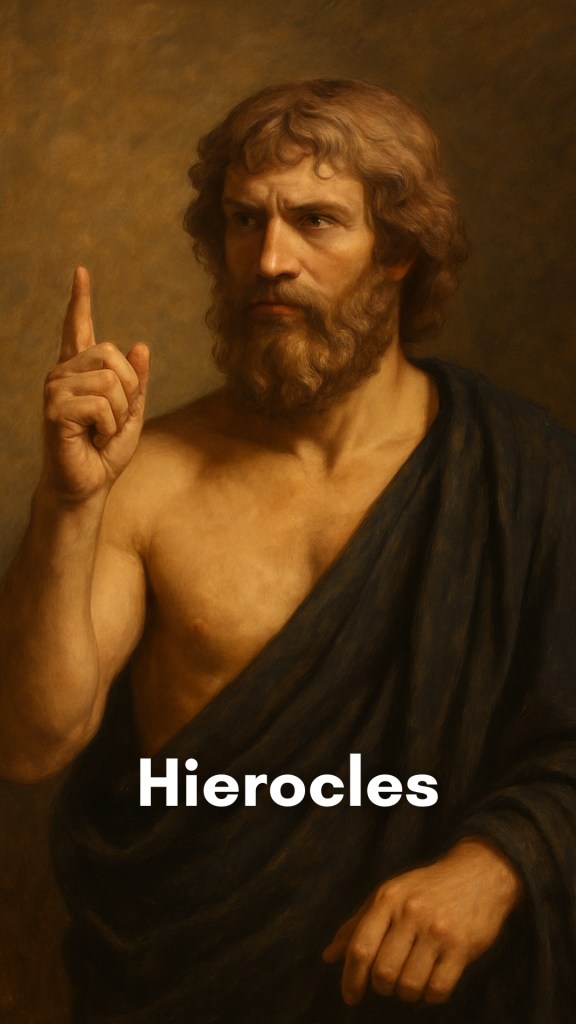 Hierocles, the Stoic philosopher, seated calmly in a shaded courtyard, surrounded by concentric circles symbolizing his theory of self and others.