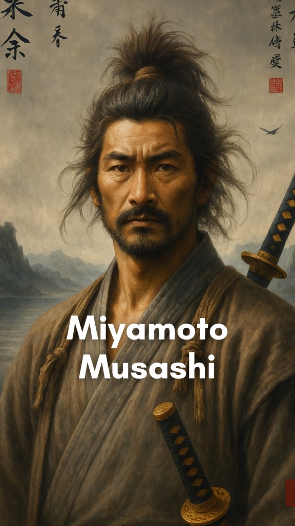 Miyamoto Musashi standing poised with two swords in a misty Japanese landscape, embodying the spirit of the lone warrior.