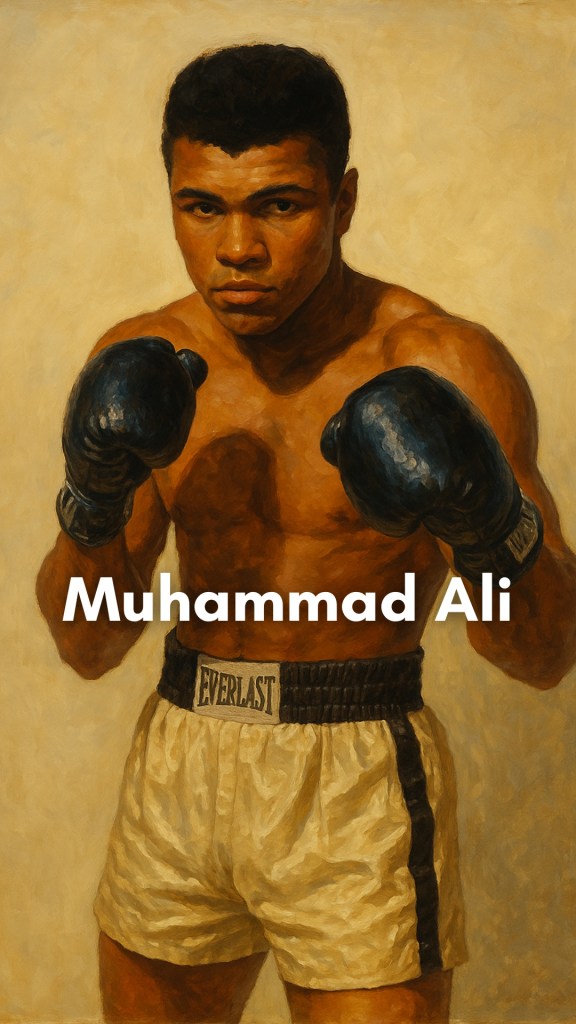 Muhammad Ali standing confidently in the boxing ring, spotlight casting a heroic glow as he prepares for a match.