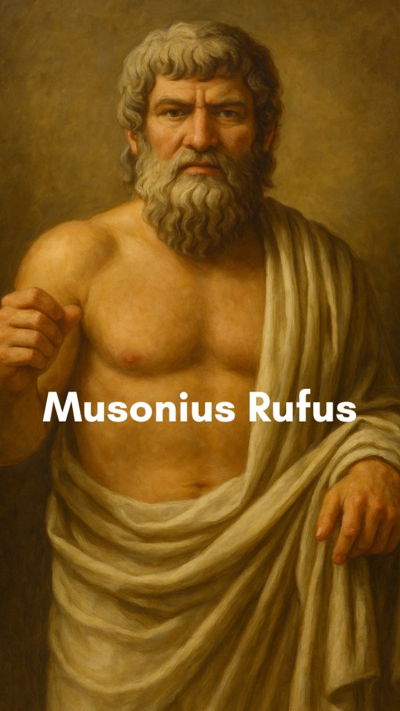 Musonius Rufus, the Roman Stoic teacher, seated outdoors in a simple robe, calmly addressing a small group of students under the open sky.