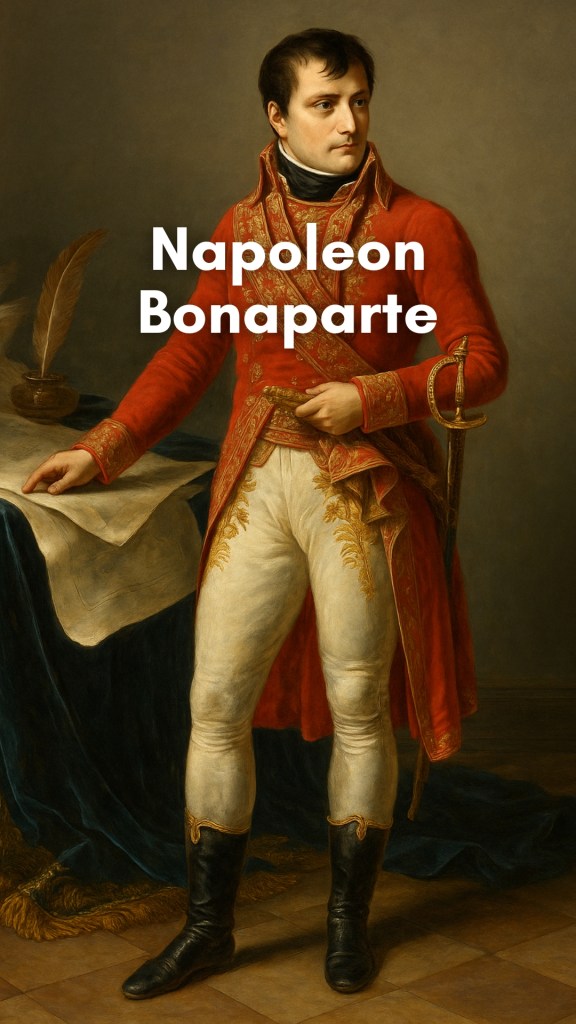 Napoleon Bonaparte on horseback in military regalia, framed by stormy skies and a battlefield fading into the distance, symbolizing both ambition and empire.