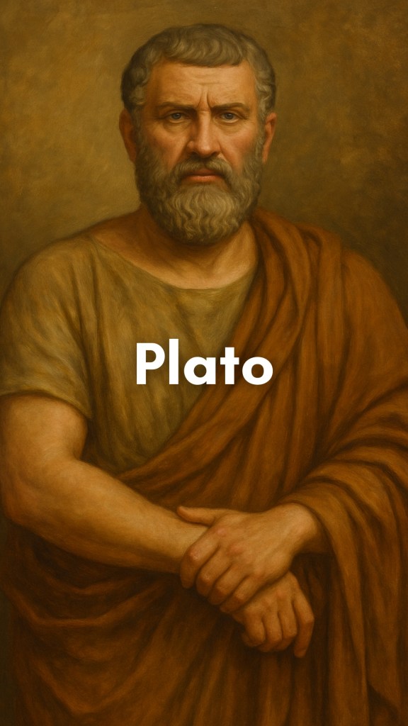 Plato, the ancient Greek philosopher, seated beneath marble columns with scrolls in hand, gazing toward an idealized realm beyond.