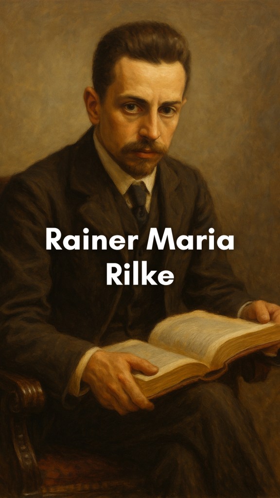 Rainer Maria Rilke standing contemplatively in a softly lit room, surrounded by books and shadowy light, evoking introspection and poetic solitude.