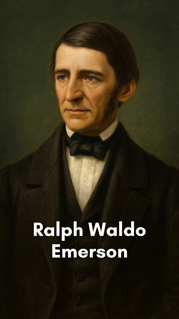 Ralph Waldo Emerson, the 19th-century American philosopher and essayist, standing beneath tall trees with sunlight filtering through, symbolizing his reverence for nature and self-reliance.
