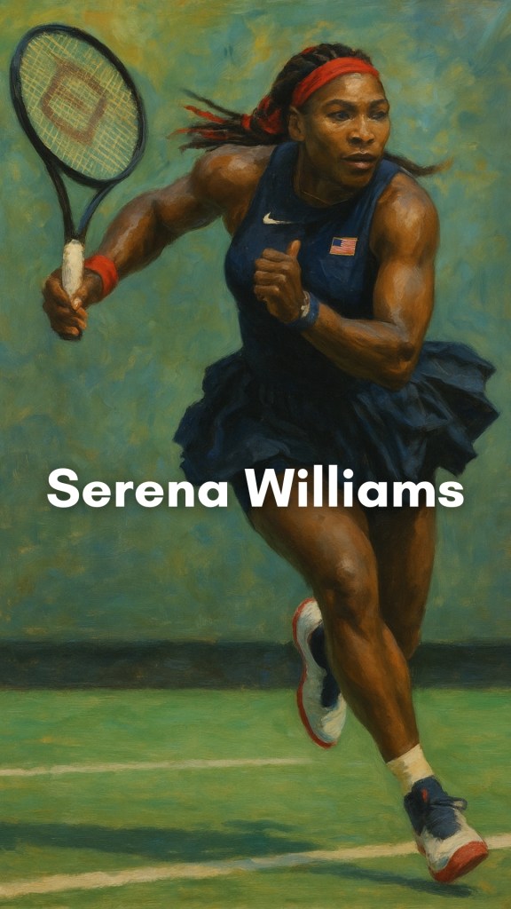 Serena Williams in action on the tennis court, muscles tensed mid-swing, embodying strength, focus, and determination.