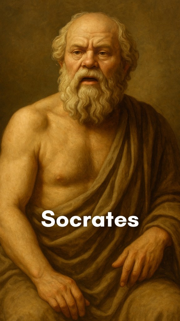 Socrates, the classical Greek philosopher, depicted in a sunlit Athenian courtyard, engaged in deep conversation with attentive students.