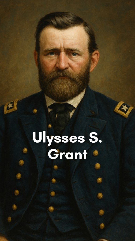 Ulysses S. Grant stands in Union military uniform, calm and resolute, against a backdrop of Civil War battlegrounds and an American flag rippling in the wind.