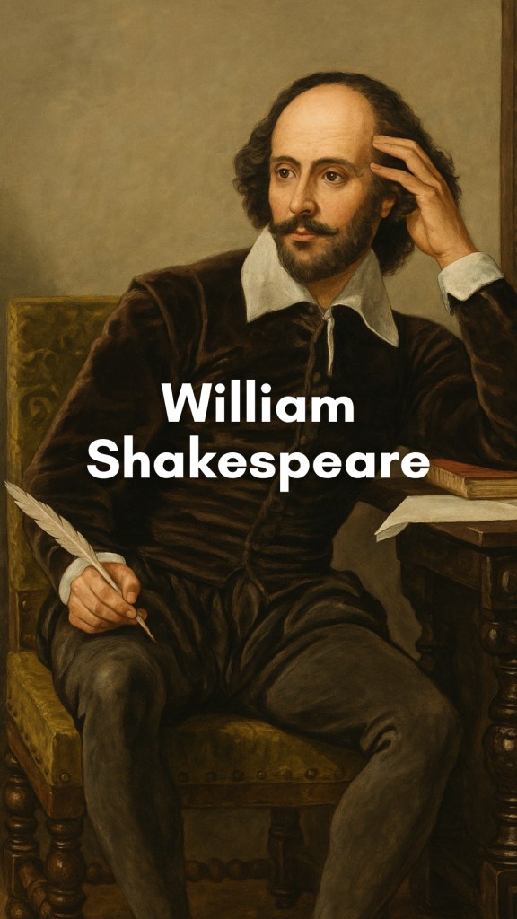 William Shakespeare, the English playwright, depicted with a quill in hand beside a candlelit desk, surrounded by parchment and theatrical masks.