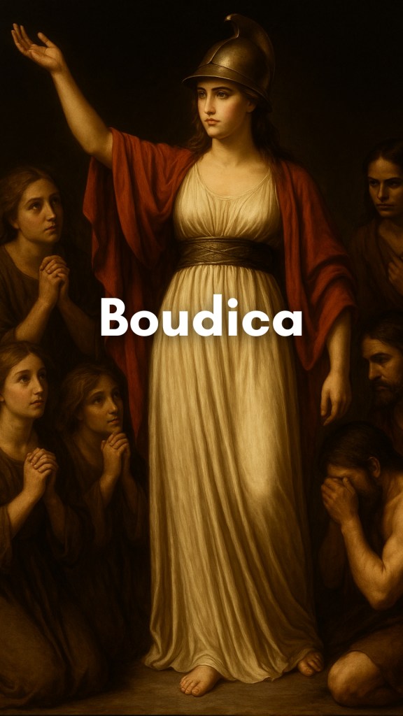Boudica, the Celtic queen, standing tall in battle attire with a spear in hand, leading her people against Roman forces.