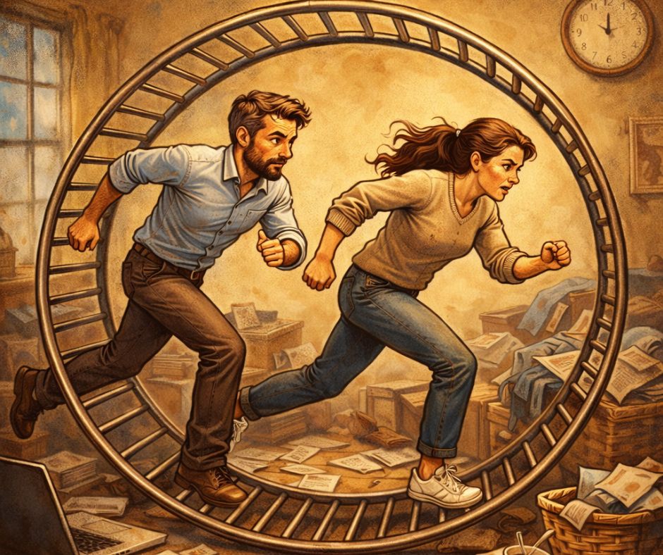 Man and woman running inside a large hamster wheel in a cluttered room, symbolizing the stress and busyness of modern life.
